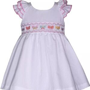 White and Pink Kids Dress with Butterfly Embroidery